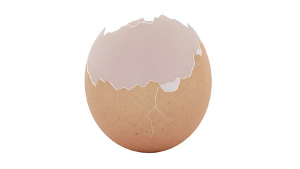 Close up of a cracked brown eggshell with a transparent background showing the inside of the shell with a light pink hue and a textured surface illuminated by soft light