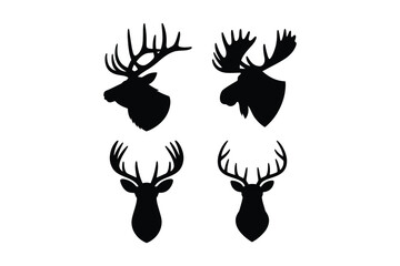 Four black silhouette deer and moose antlered head silhouettes