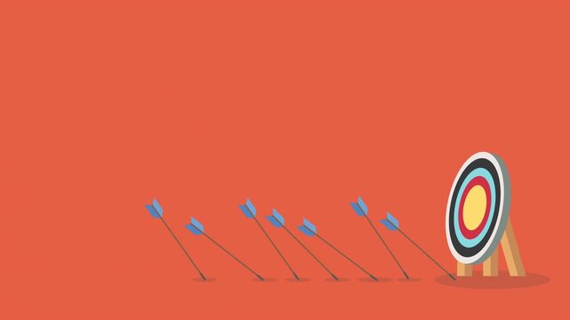 Business challenge failure and success concept. Blue arrows missed hitting target and only red one hits the center.