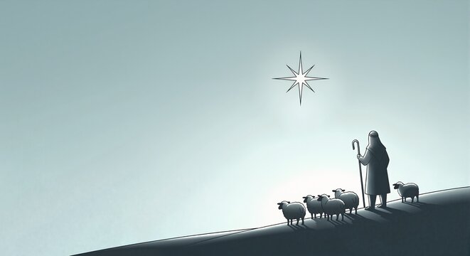 Shepherd leading flock of sheep under Star of Bethlehem. Christian Nativity scene for Christmas. Minimalist biblical illustration of faith and hope with copy space