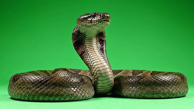 Venomous cobra snake rearing up with hood spread and tongue flicking against a bright green screen background