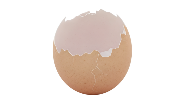 Close up of a cracked brown eggshell with a transparent background showing the inside of the shell with a light pink hue and a textured surface illuminated by soft light