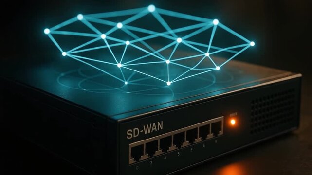Network device router with glowing blue light mesh showcasing advanced SD WAN technology connection for secure digital data communication internet infrastructure and modern network system design