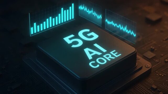 5G AI core chip with digital data visualization and glowing graphs on futuristic circuit board technology featuring advanced processor and artificial intelligence for enhanced communication system