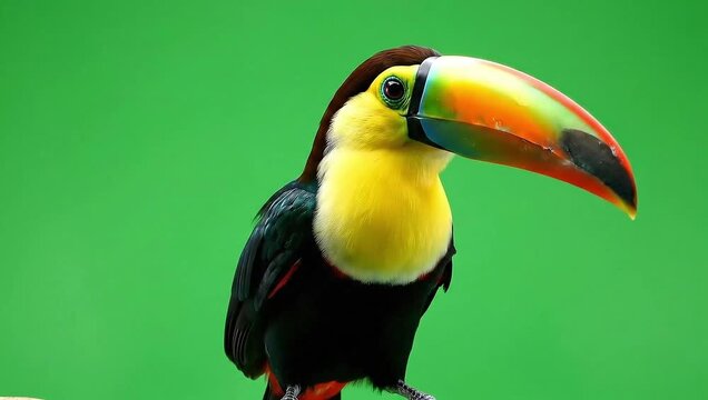Closeup portrait of a vibrant, colorful keelbilled toucan bird perched against a solid bright green background in nature