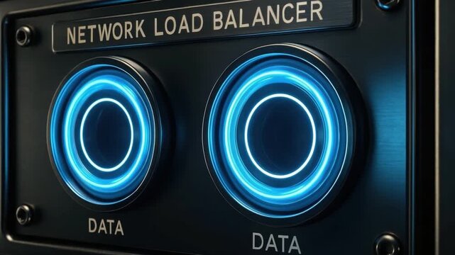 Network load balancer with glowing blue circular data indicators and controls black metal panel, digital technology concept for efficient communication, data management, and network traffic