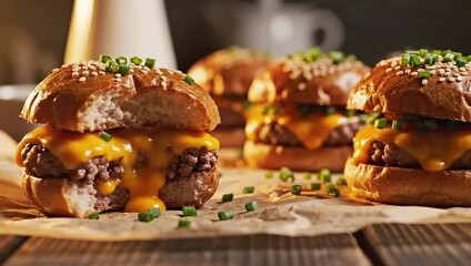 Delicious mini cheeseburger with melted cheddar cheese and chives on a sesame seed bun, partially eaten - Powered by Adobe