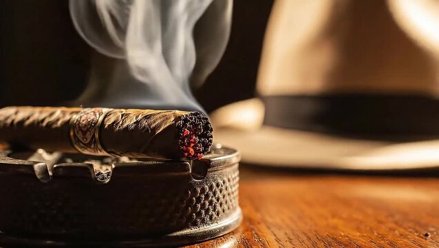 Smoldering cigar resting in an ashtray with smoke rising, a fedora hat blurred in the background on a wooden table