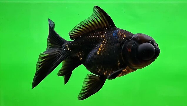 Closeup of a black moor goldfish with prominent wen swimming against a vibrant green screen background