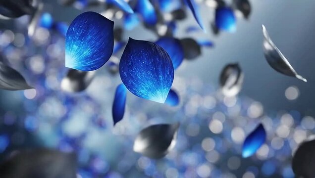 Falling blue and silver metallic petal or leaf shape against a soft, bokehfilled blue background