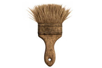 Old wooden paintbrush with natural bristles for art, painting, craft, construction, refurbishment, and decoration on transparent background