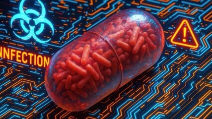 Digital infection warning with red capsule and biohazard symbol on digital circuit board background highlighting medicine technology, infection risk, and futuristic health protection concepts