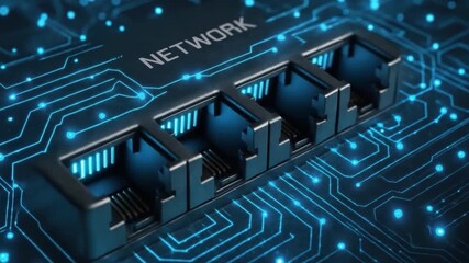Network port glowing blue circuit board background with digital data transfer and electronic communication pathways, technology connection interface for advanced circuit and network communication - Powered by Adobe