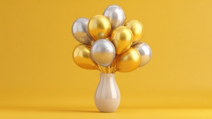 &ldquo;Gold and Silver Balloons in Vase on Yellow Background&rdquo;