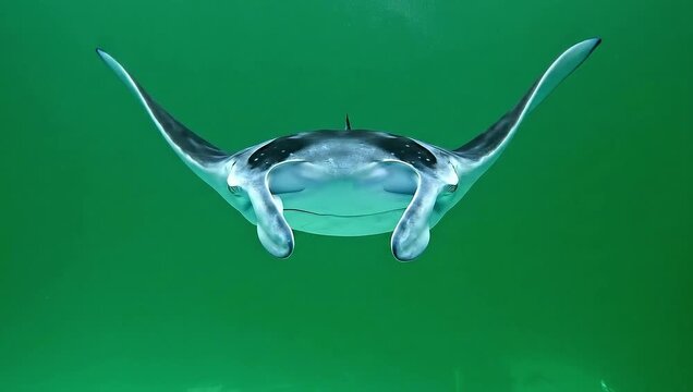Giant oceanic manta ray gracefully swimming underwater in clear, deep green water with small air bubbles rising