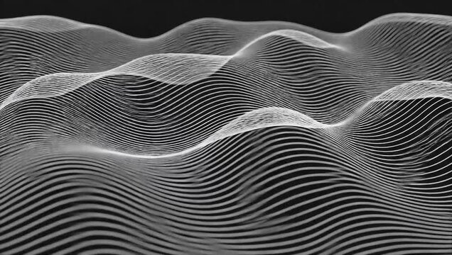 Abstract visualization of flowing white wavy lines creating a dynamic, undulating 3d surface pattern on black