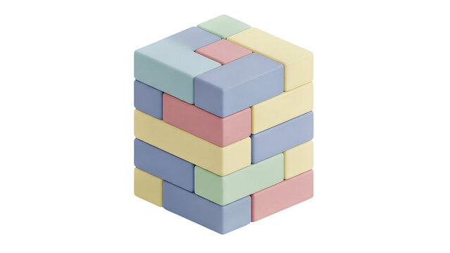 Close up view of a tower built from pastel colored rectangular wooden blocks on a black background with a transparent background overlay indicating a 3d render