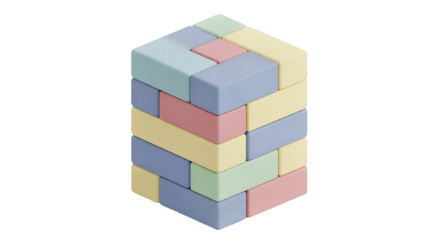 Close up view of a tower built from pastel colored rectangular wooden blocks on a black background with a transparent background overlay indicating a 3d render
