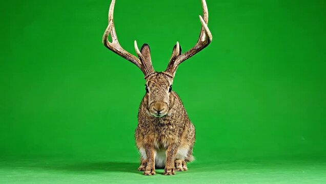 Composite image of a hare with deer antlers sitting in front of a green screen background, fantasy animal concept