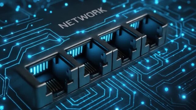 Network port glowing blue circuit board background with digital data transfer and electronic communication pathways, technology connection interface for advanced circuit and network communication
