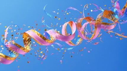 "Festive Spiral: Colorful Streamers with Gold and Pink Ribbons"
