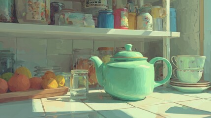 "Morning Glow: Pastel Green Teapot in a Bright Kitchen"