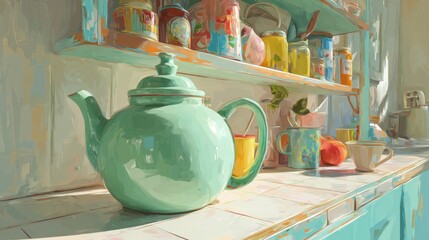 "Morning Glow: Pastel Green Teapot in a Bright Kitchen"