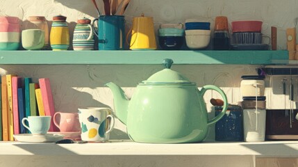 "Morning Glow: Pastel Green Teapot in a Bright Kitchen"