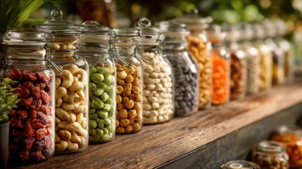 "Superfoods on Display: Glass Jars of Snacks"