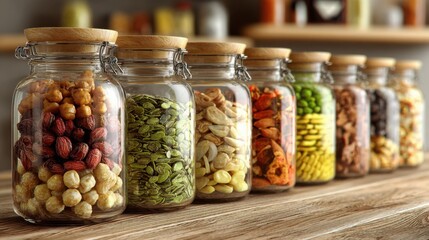 "Superfoods on Display: Glass Jars of Snacks"