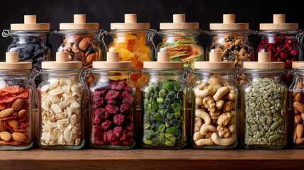 "Superfoods on Display: Glass Jars of Snacks"