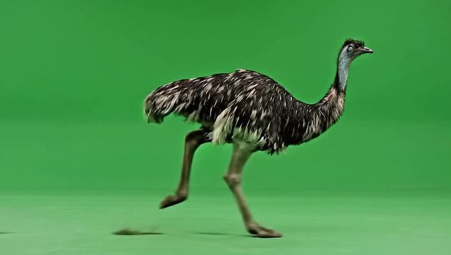 A large emu bird running or walking quickly across a solid green screen background in a studio setting