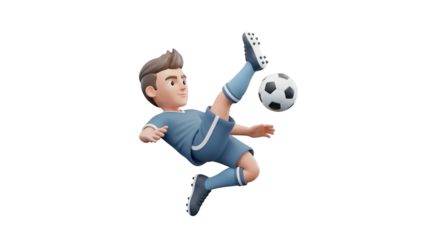 Athletic Young Man in Blue Soccer Uniform Executes Bicycle Kick with Black and White Ball Against Dark Textured Background Realistic 3D Render