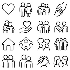 Iconic Social Harmony: A visual tapestry of communal bonds, depicting family, friendship, empathy, and support through simple yet powerful icon illustrations. 