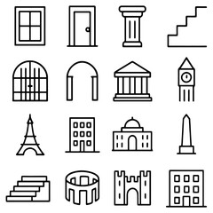 Obraz premium Architectural Iconography: A collection of architectural symbols, including windows, doors, columns, and more, artfully arranged to represent various building elements and structures.