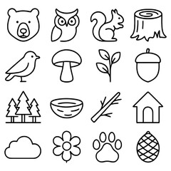 Forest Icon Set: A captivating collection of forest icons, designed in a clean, minimalist style, showcasing essential elements of the natural world.