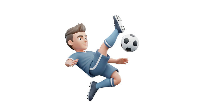 Athletic Young Man in Blue Soccer Uniform Executes Bicycle Kick with Black and White Ball Against Dark Textured Background Realistic 3D Render