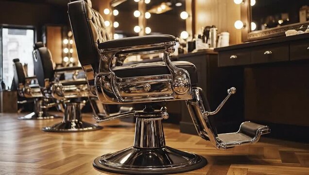 Closeup of a vintage, luxurious black leather barber chair with chrome detail in a salon setting