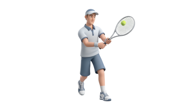 Athletic Caucasian Man In Tennis Attire Swinging Racquet To Hit Tennis Ball Mid-Action Against Black Textured Background