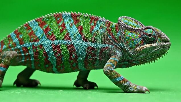 Closeup of a colorful veiled chameleon with vibrant blue, green, and red scales against a solid bright green background