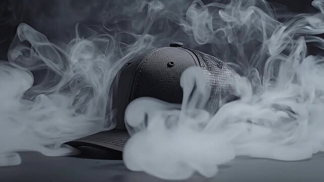 Dramatic dark baseball cap engulfed in thick white smoke on a neutral background