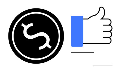 Financial approval. A dollar currency symbol paired with a thumbs-up gesture financial success. Financial approval enhances trust, positive feedback, and investments. Useful for fintech, banking