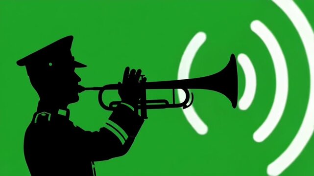 Silhouette Military Bugler Playing Trumpet With Sound Waves.