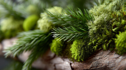 Natural green Christmas decoration made from evergreen branches, wood twigs and preserved moss and placed on natural wooden branch