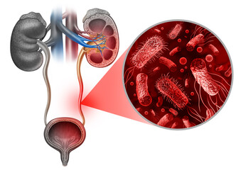 Naklejka na ściany i meble Urinary Tract Infection or UTI anatomy caused by bacteria as E coli with the kidneys ureters bladder and the urethra as Urethritis Cystitis Pyelonephritis and Ureteritis.