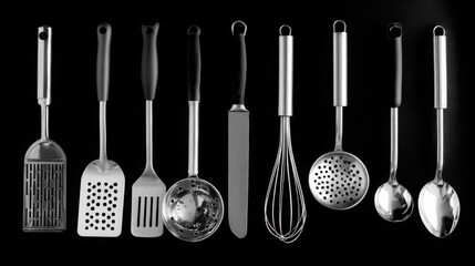 Stainless Steel Kitchen Utensils on Black and White Background
