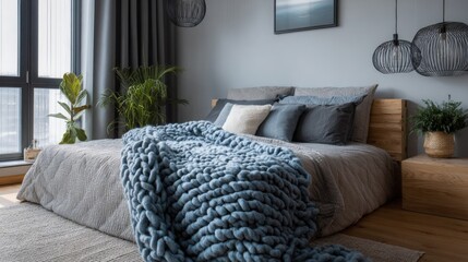 Serene Comfort: Soft Gray and Blue Modern Bedroom