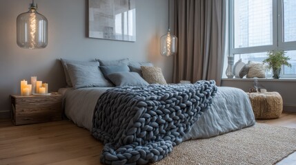 Serene Comfort: Soft Gray and Blue Modern Bedroom