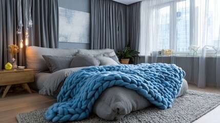 Serene Comfort: Soft Gray and Blue Modern Bedroom