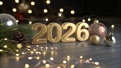 High-Resolution 3D "2026" Metallic Gold Text with Christmas Ornaments, Soft-Focus Fairy Lights, Dark Cozy Background, Cinematic Lighting, Ultra-Realistic Festive Scene